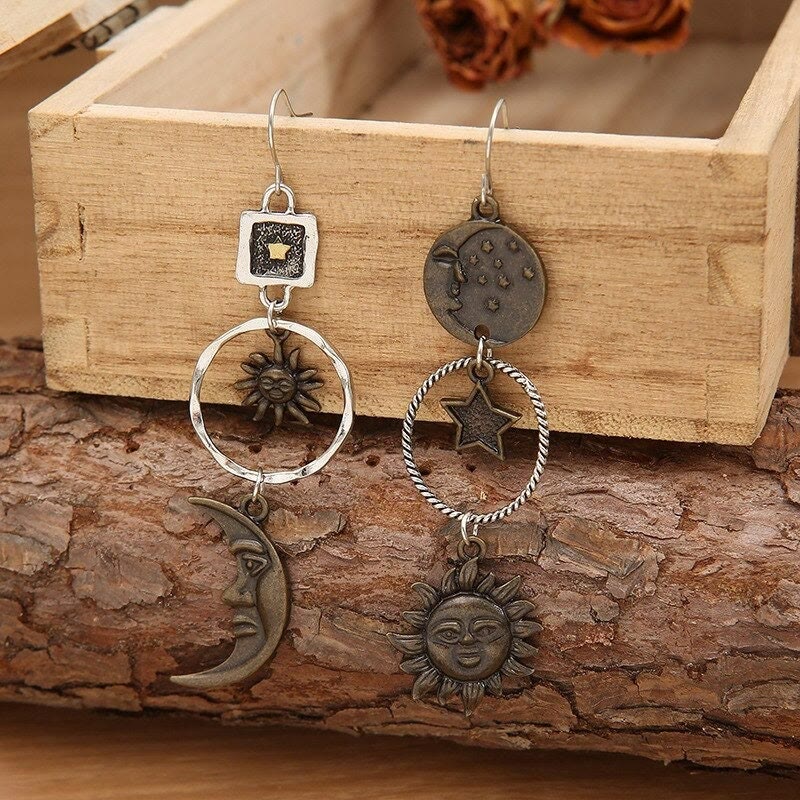 Boucles d'oreilles pendantes Olivenorma Face Sun Moon Boucles d'oreilles bohèmes