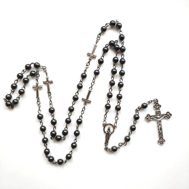 Collier chapelet avec croix en hématite et médaille de Jésus Olivenorma