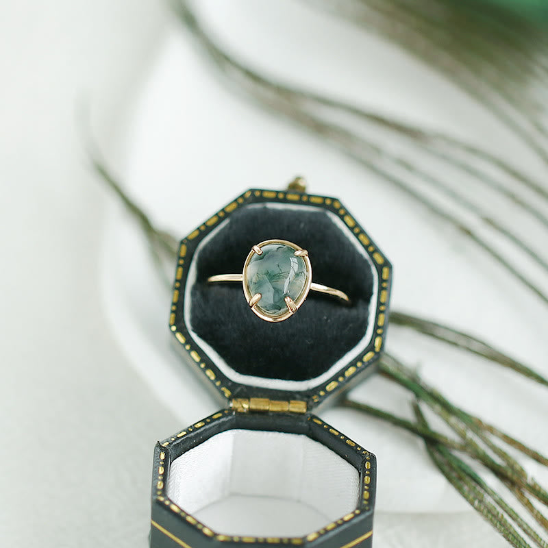 Bague en argent 925 avec agate mousse ovale naturelle Olivenorma