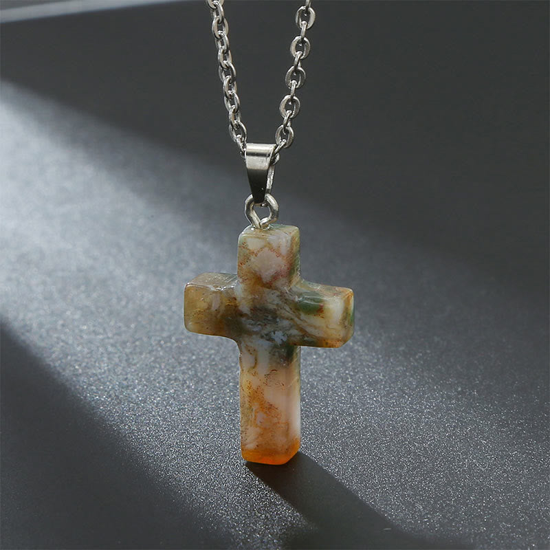 Collier en pierre naturelle avec croix et pierres précieuses Olivenorma