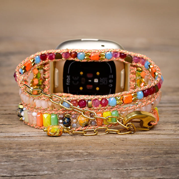 Bracelet de montre Fitbit tissé à la main avec perles de cristal orange Olivenorma