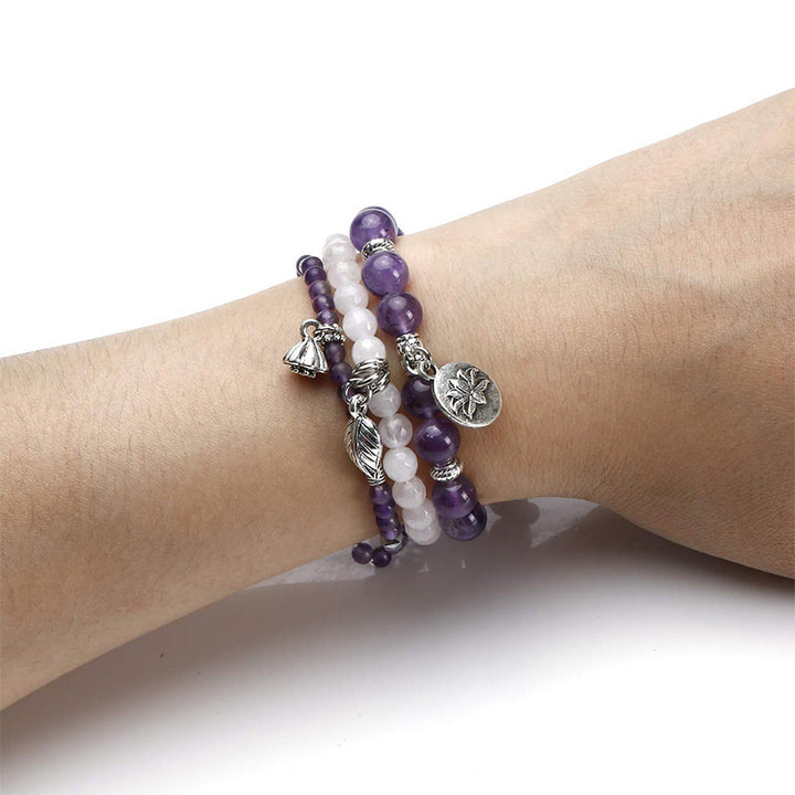 Bracelet 3 pièces avec symbole du lotus en améthyste