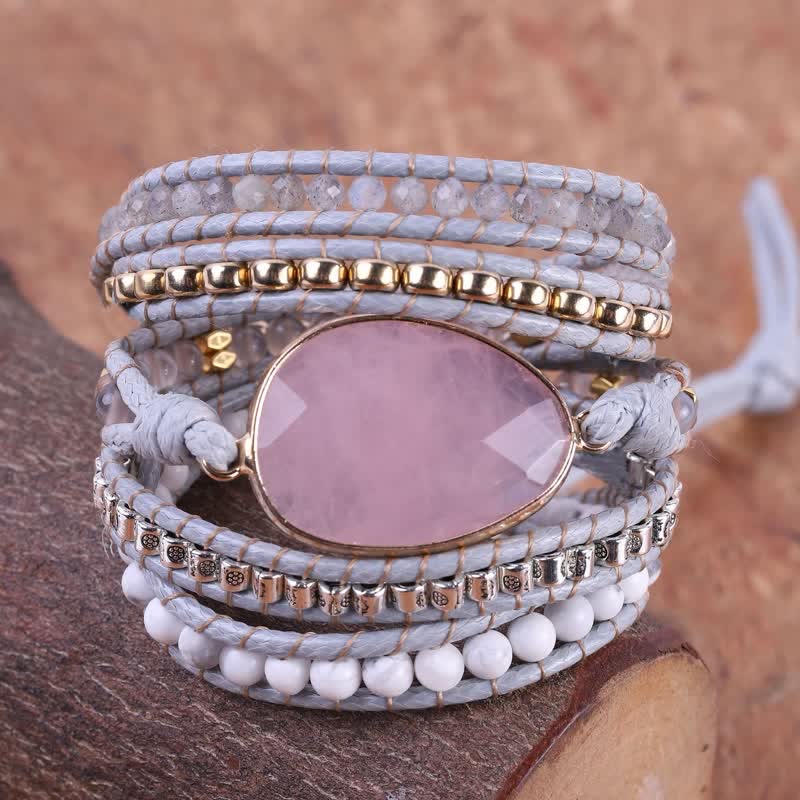 Bracelet enroulé tricoté à la main en quartz rose délicat et turquoise blanche Olivenorma