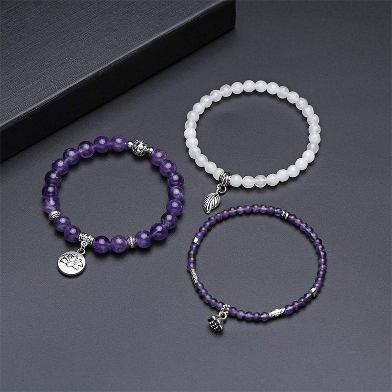 Bracelet 3 pièces avec symbole du lotus en améthyste