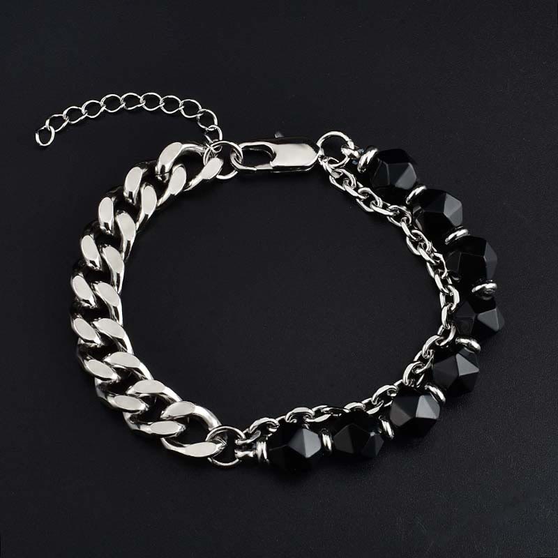 Bracelet en acier inoxydable avec onyx noir à facettes et œil de tigre Olivenorma