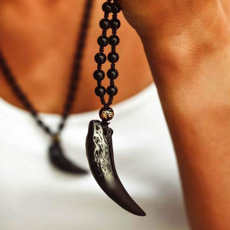 Collier Loup en Obsidienne Glacée