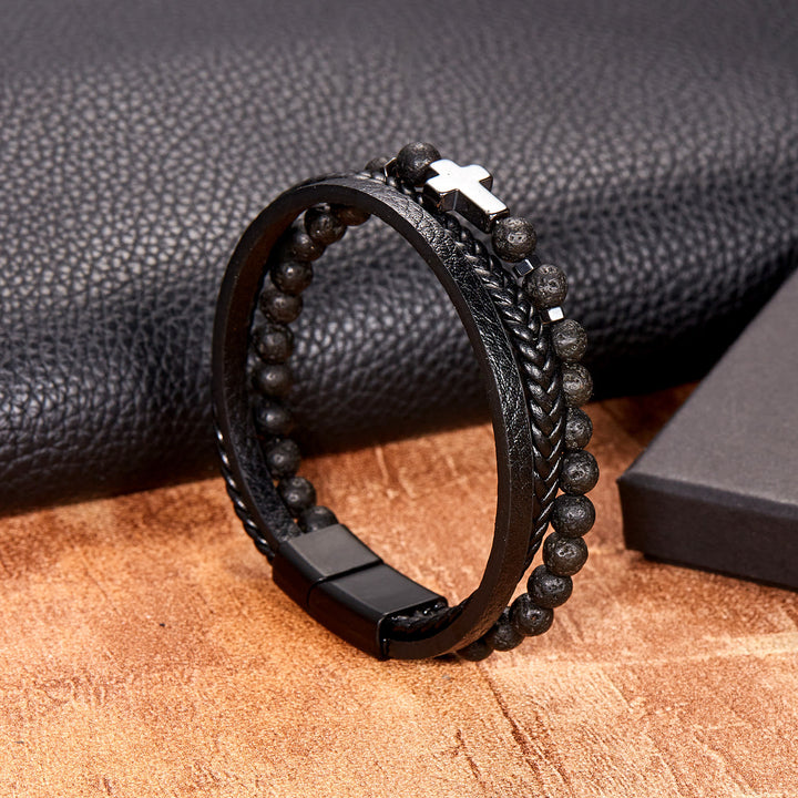 Bracelet en cuir tressé pour homme avec perles en pierre naturelle Olivenorma