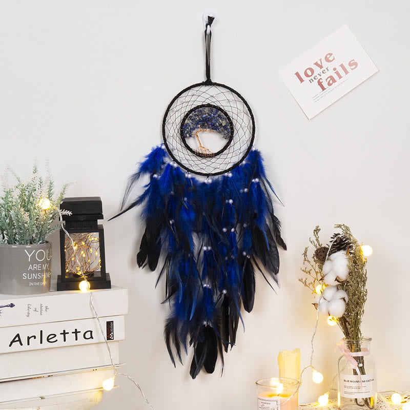 Attrape-rêves en cristal arbre de vie avec plumes phosphorescentes Olivenorma