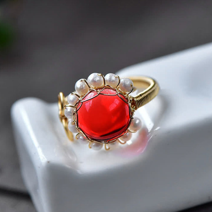 Bague de guérison en quartz rouge avec perle