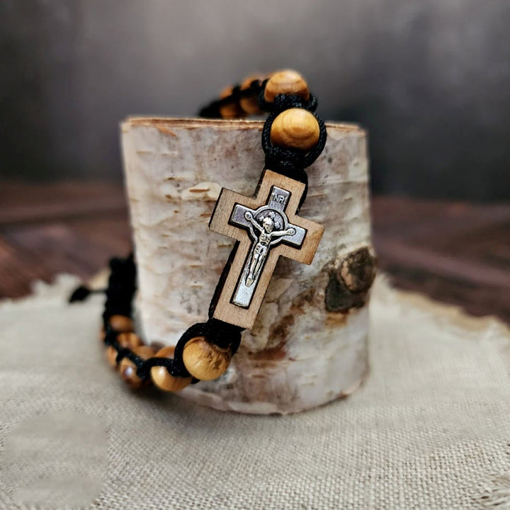 Bracelet chapelet en bois avec croix de Jésus Olivenorma