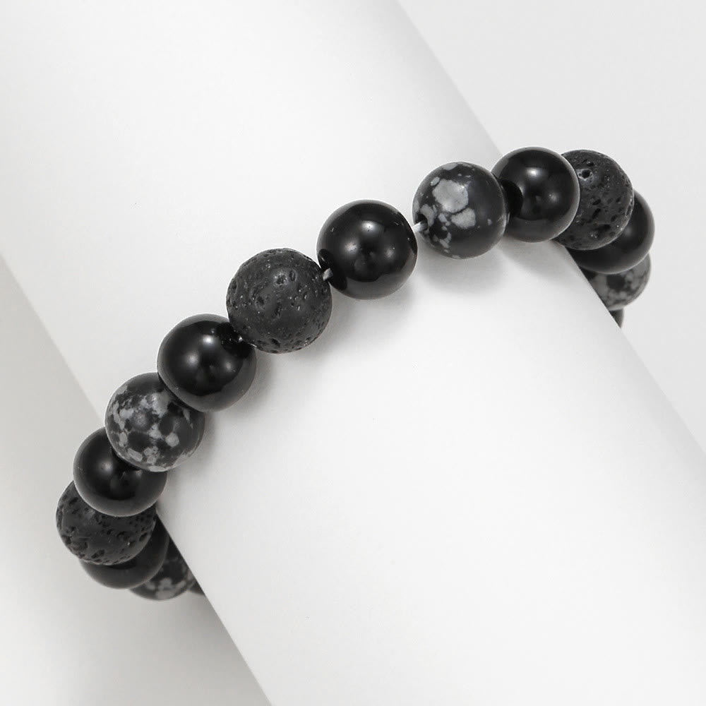 Bracelet pour homme en perles de pierre de lave, obsidienne flocon de neige et onyx noir Olivenorma