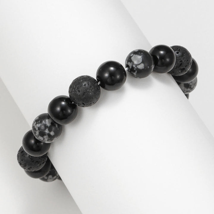 Bracelet pour homme en perles de pierre de lave, obsidienne flocon de neige et onyx noir Olivenorma