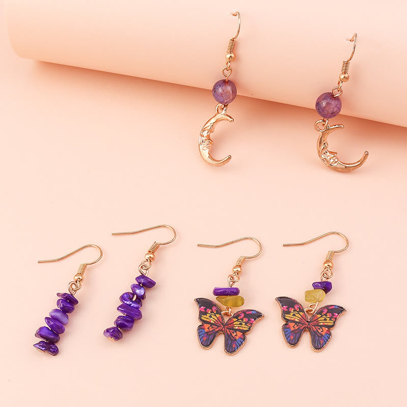 Ensemble de boucles d'oreilles pendantes en forme de papillon et de lune en agate violette améthyste Olivenorma