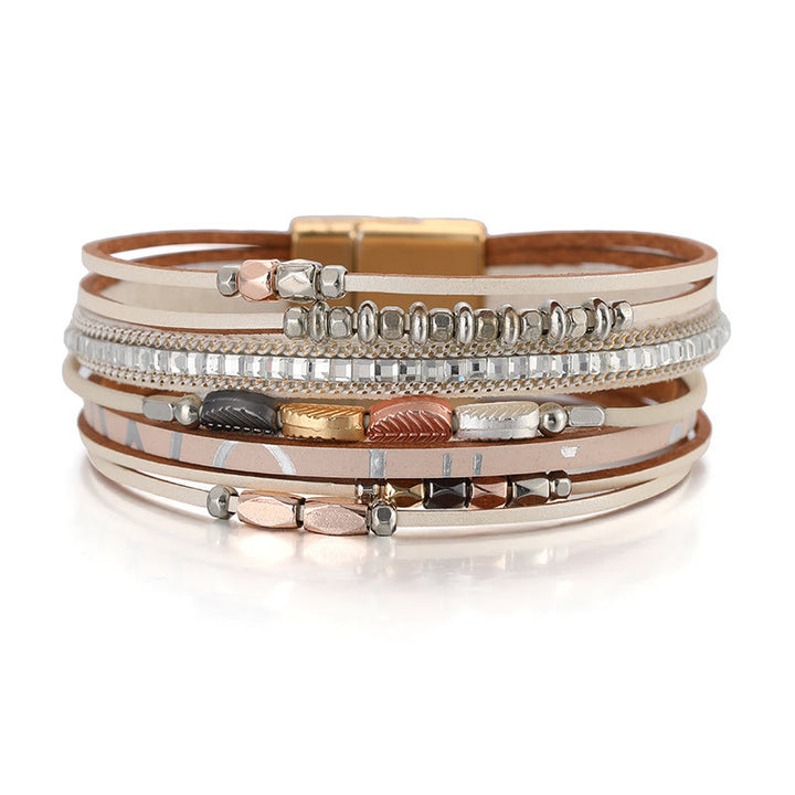 Bracelet en cuir à plusieurs niveaux avec feuille de zircon blanc et hématite Olivenorma