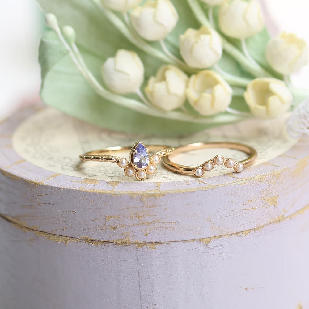 Bague double couche en forme de larme avec saphir et perle S925 Olivenorma