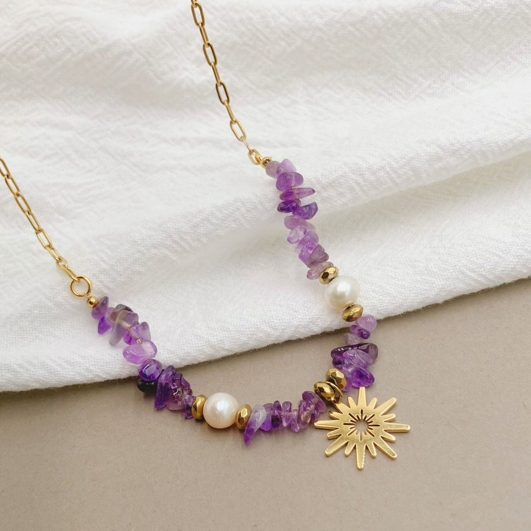 Collier pendentif étoile à 16 branches en perles d'améthyste irrégulières Olivenorma