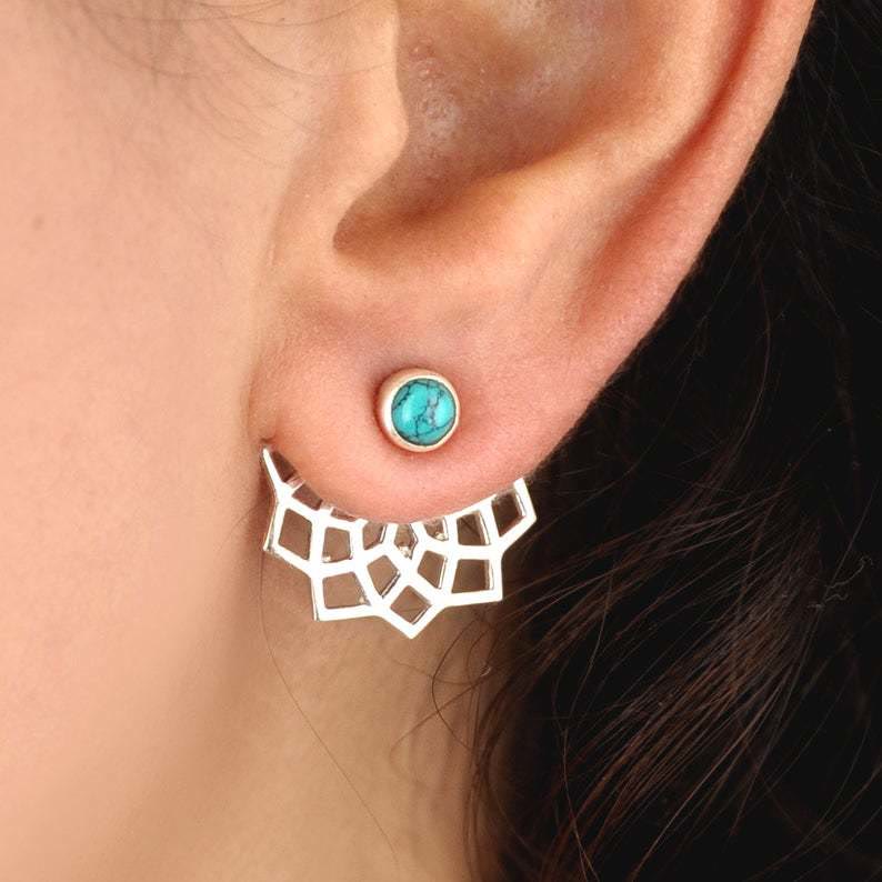 Boucles d'oreilles à tige en forme de fleur de lotus turquoise naturelle Olivenorma