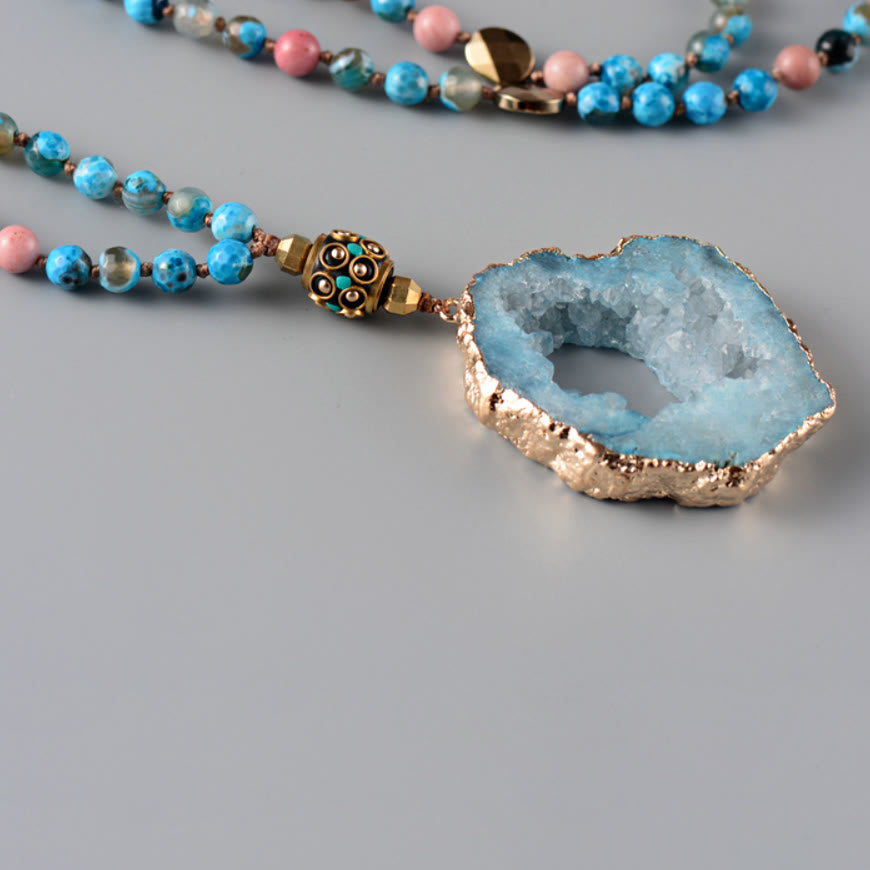 Collier de perles mala en cristal de lépidolite aigue-marine naturelle Olivenorma