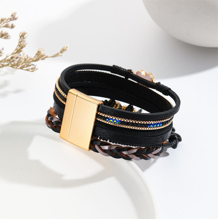 Bracelet en cuir avec breloque en forme de cœur et perles en cristal naturel Olivenorma