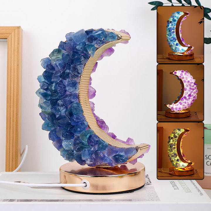 Lampe en cristal de lune en fluorite bleue et améthyste Olivenorma