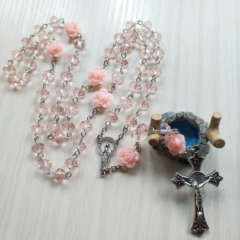 Collier chapelet avec pendentif croix de Jésus en quartz rose Olivenorma