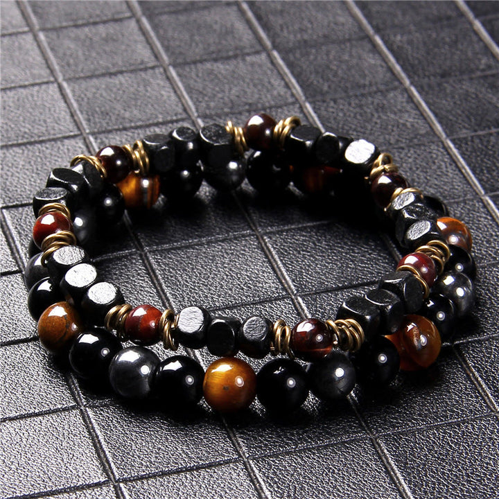 Bracelet homme double couche avec pendentif croix en pierre naturelle Olivenorma