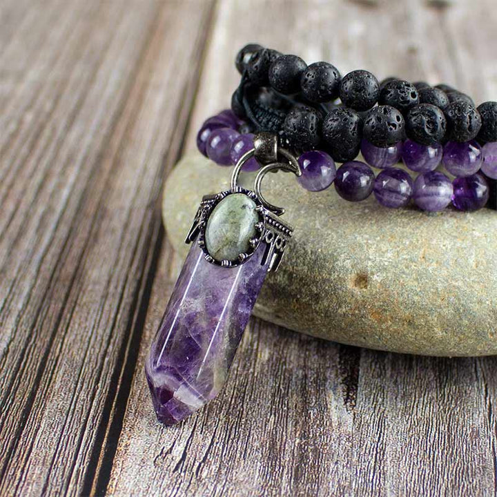 Collier Mala avec pendentif en forme de prisme hexagonal en cristal naturel Olivenorma