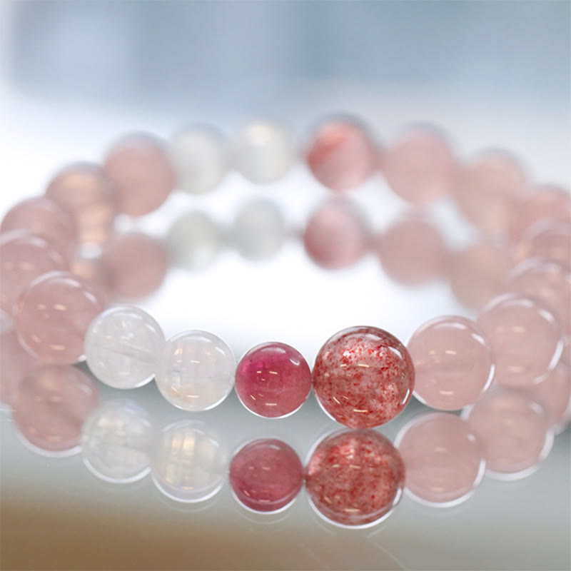 Bracelet en perles de quartz transparent rose fraise Olivenorma