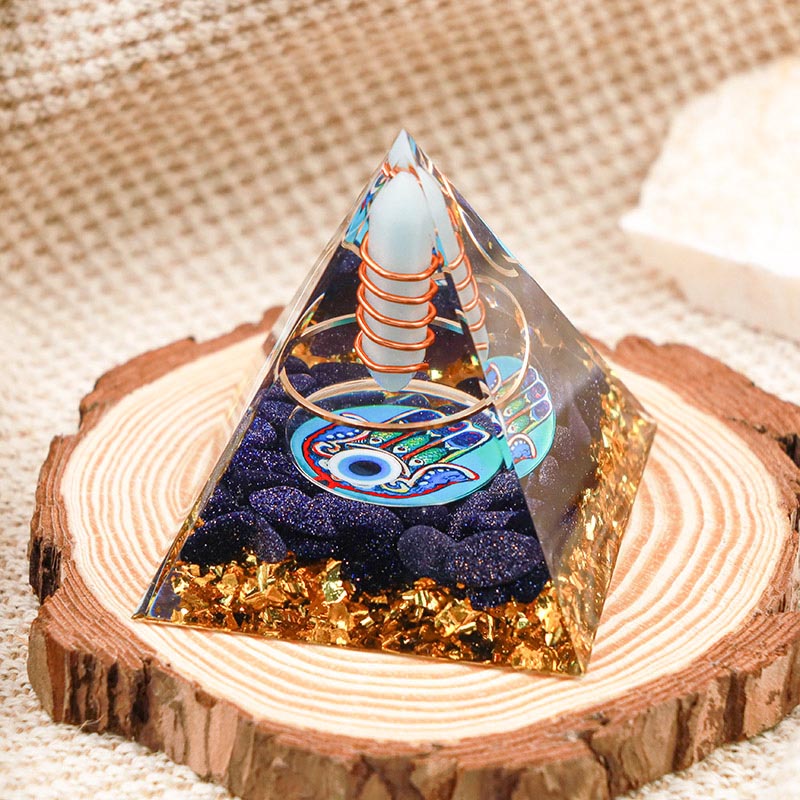 Pilier aigue-marine Olivenorma Hamsa et pyramide orgone du mauvais œil