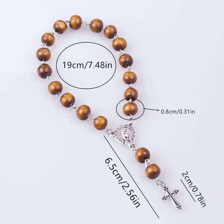 Bracelet chapelet en perles de bois avec croix de la Vierge Marie et christianisme Olivenorma