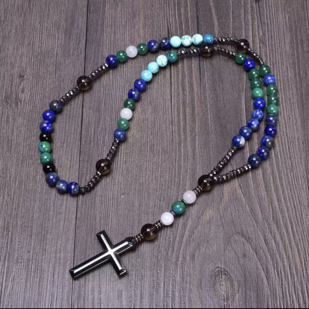 Collier pendentif chapelet catholique en pierre naturelle avec croix Olivenorma