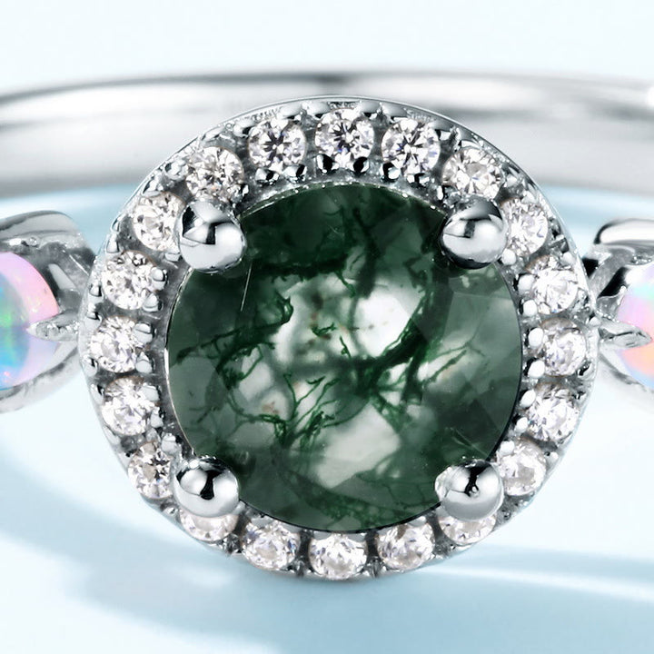 Bague de luxe ronde en agate mousse opale claire Olivenorma