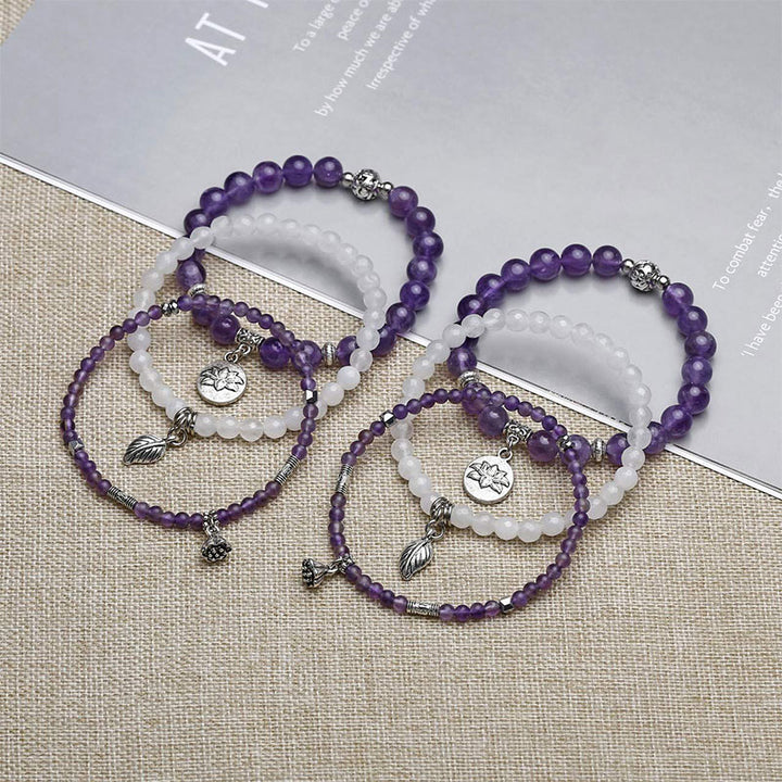 Bracelet 3 pièces avec symbole du lotus en améthyste