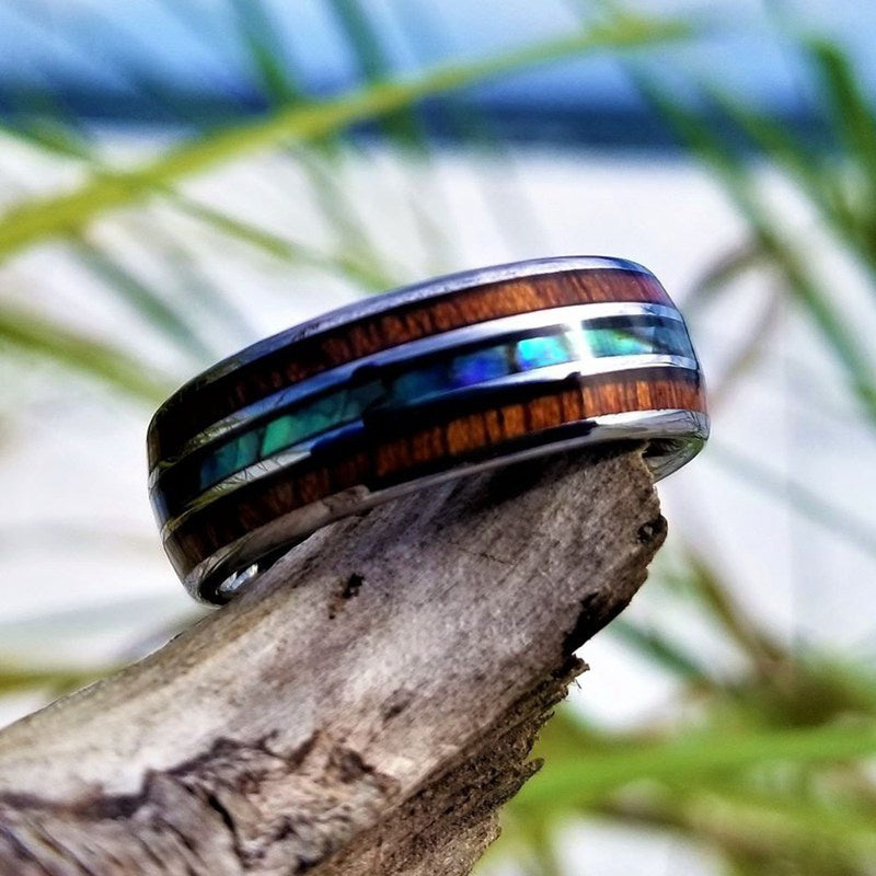 Bague en carbure de tungstène en bois de koa et coquille d'ormeau Olivenorma