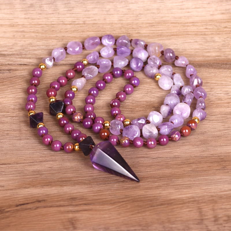 Collier Mala en perles de jade violet améthyste naturel Olivenorma