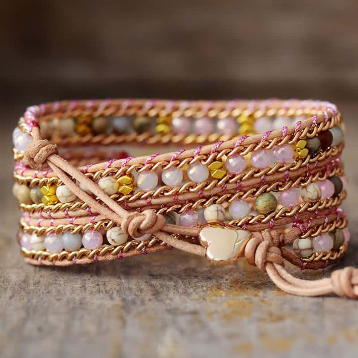 Bracelet enroulé avec pendentif en forme de cœur en quartz rose et opale Olivenorma