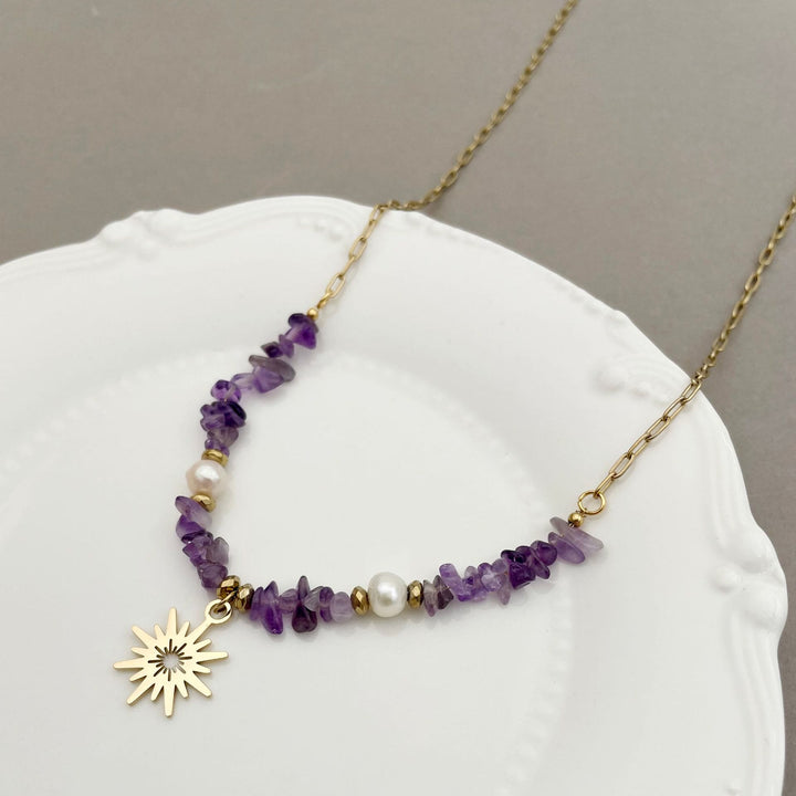 Collier pendentif étoile à 16 branches en perles d'améthyste irrégulières Olivenorma