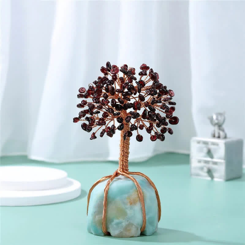 Arbre Feng Shui à base d'amazonite avec feuilles de grenat Olivenorma