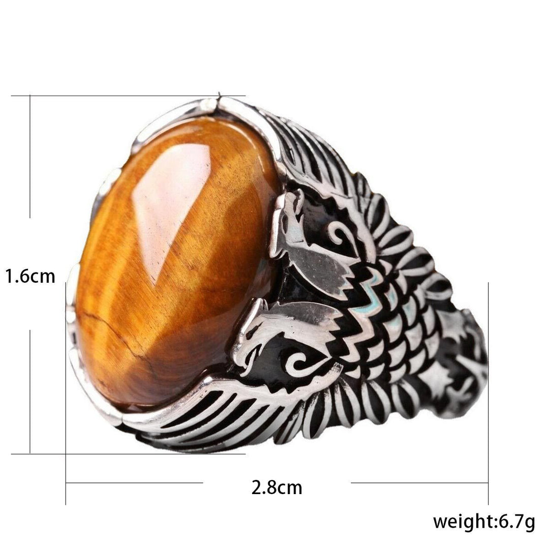 Bague pour homme avec aigle gravé sur le côté et œil de tigre Olivenorma