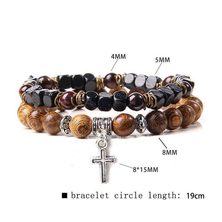 Bracelet homme double couche avec pendentif croix en pierre naturelle Olivenorma