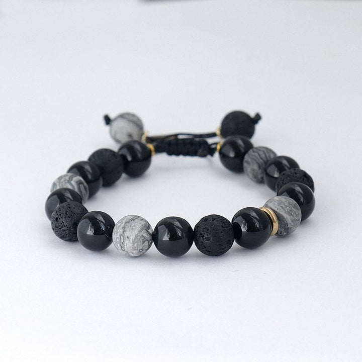 Bracelet pour homme en perles de pierre de lave, obsidienne flocon de neige et onyx noir Olivenorma
