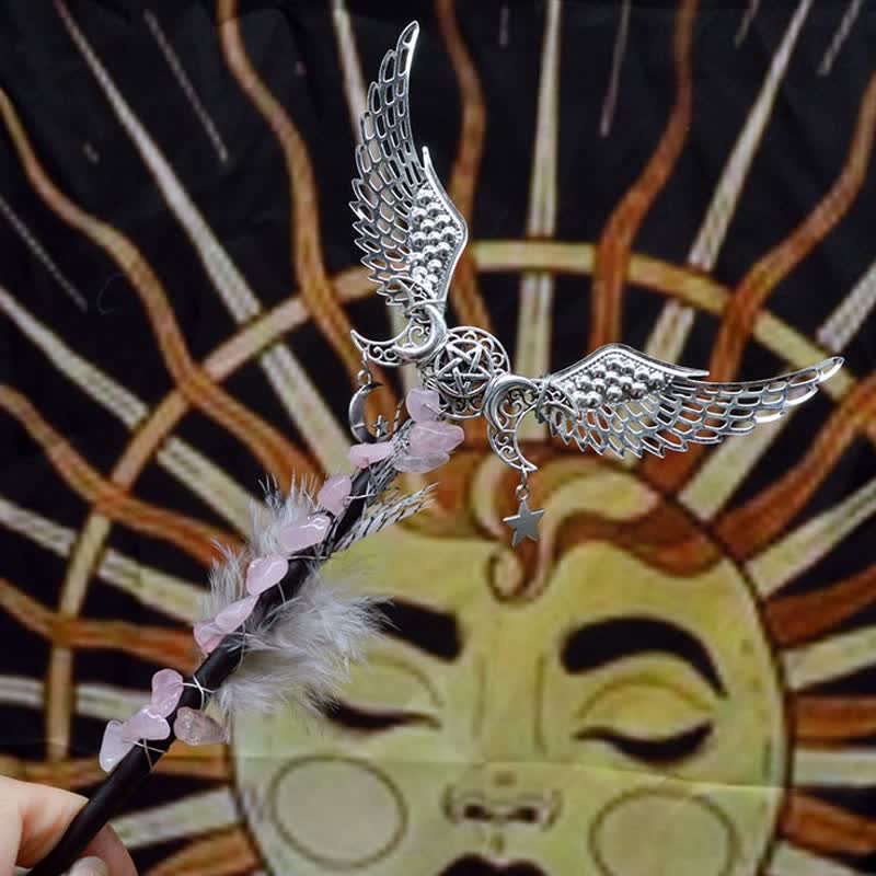 Baguettes de cristal en forme de lune féerique naturelle Olivenorma avec plumes