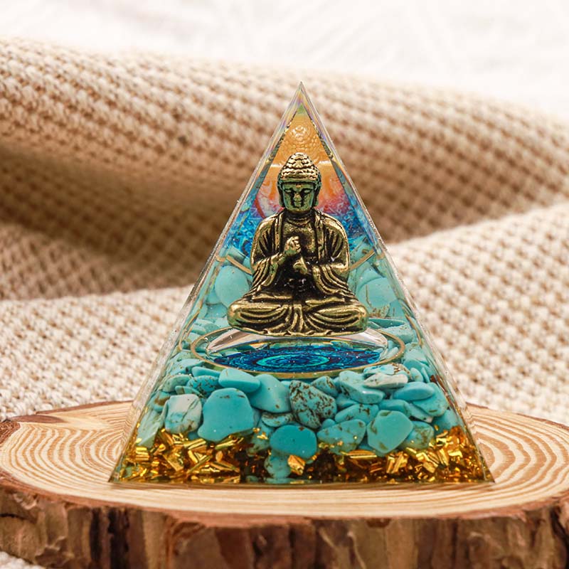 Bouddha Olivenorma avec pyramide orgone d'équilibre turquoise naturelle