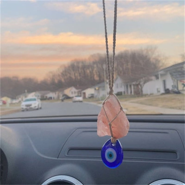 Ornement de voiture en pierre de quartz rose Olivenorma en forme de mauvais œil