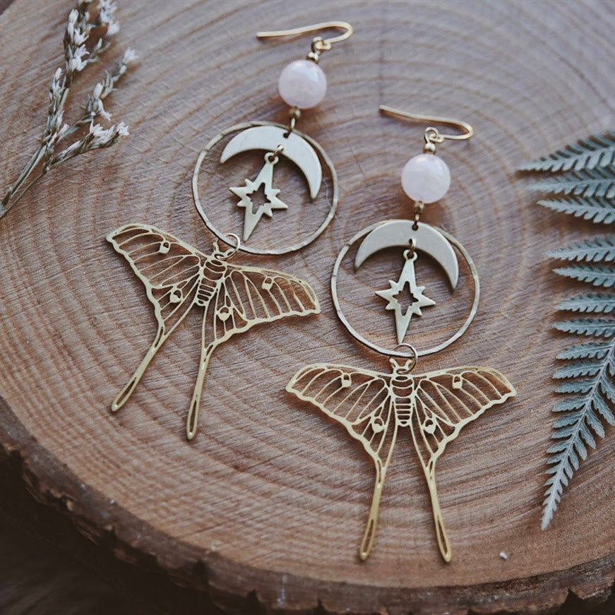 Boucles d'oreilles en quartz rose naturel avec étoile et papillon de lune Olivenorma