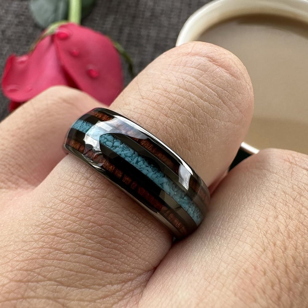 Bague en carbure de tungstène poli Olivenorma Wood Turquoise 8 mm