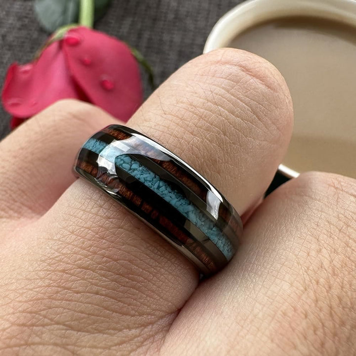 Bague en carbure de tungstène poli Olivenorma Wood Turquoise 8 mm