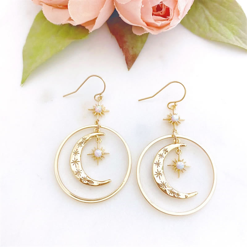 Boucles d'oreilles pendantes lune et soleil en pierre de lune Olivenorma