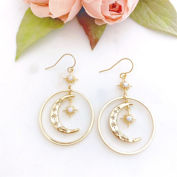 Boucles d'oreilles pendantes lune et soleil en pierre de lune Olivenorma