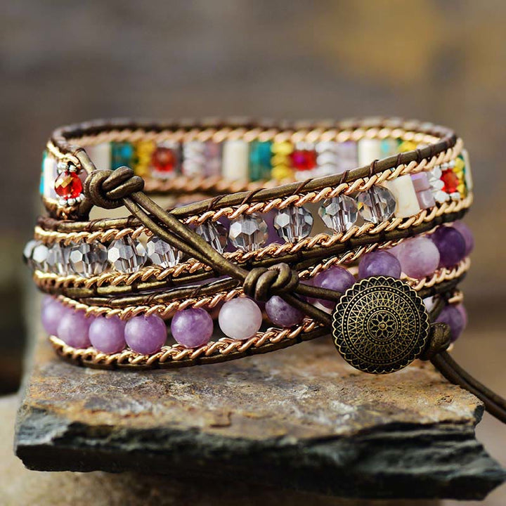 Bracelet enroulé de perles à breloques en forme de cœur en améthyste Olivenorma